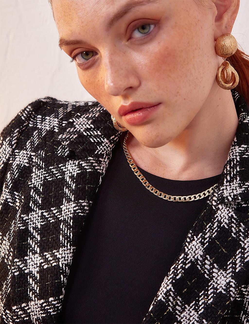 Plaid Tweed Blazer Jacket Black-White