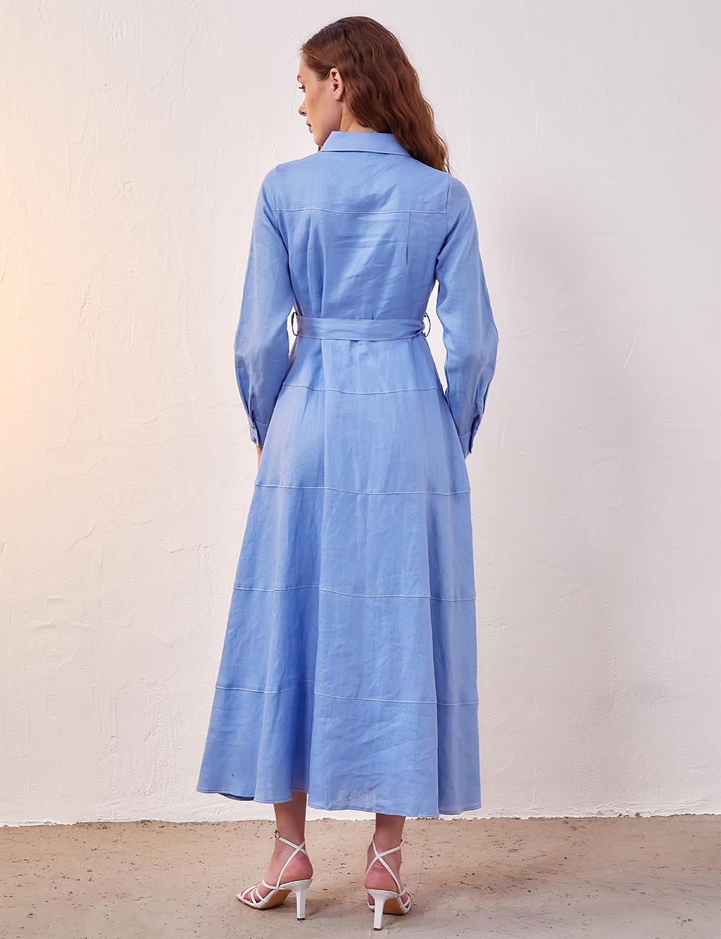 Punto Stitched Linen Maxi Dress Sky Blue