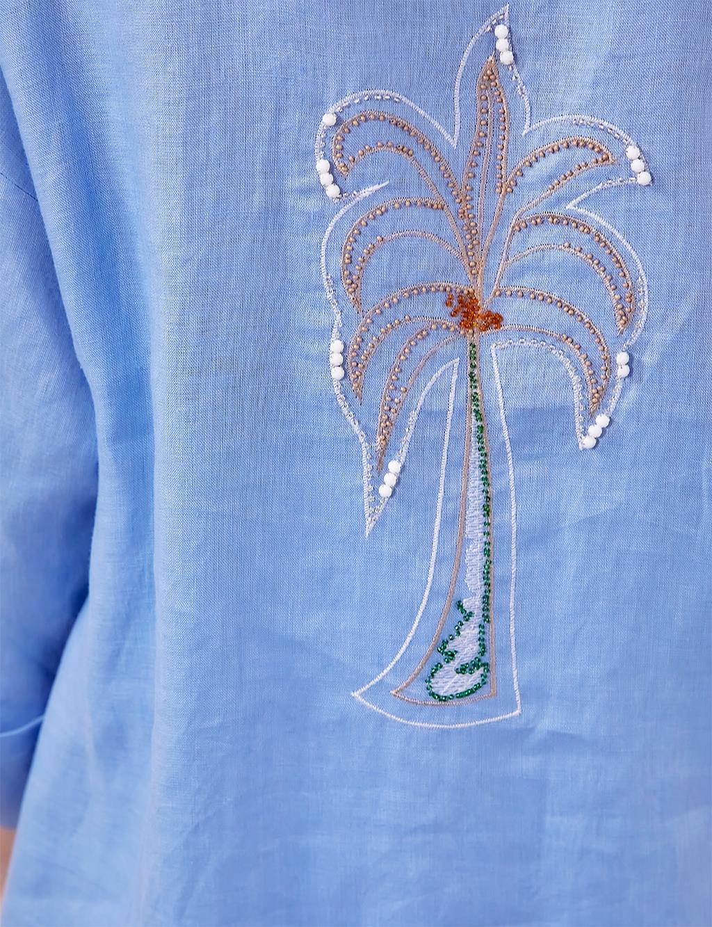 Palm Embroidered Linen Tunic|Dress Sky Blue