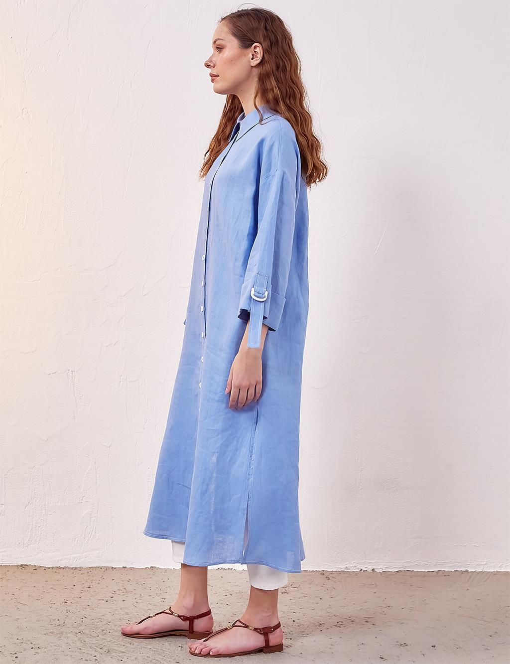 Palm Embroidered Linen Tunic|Dress Sky Blue