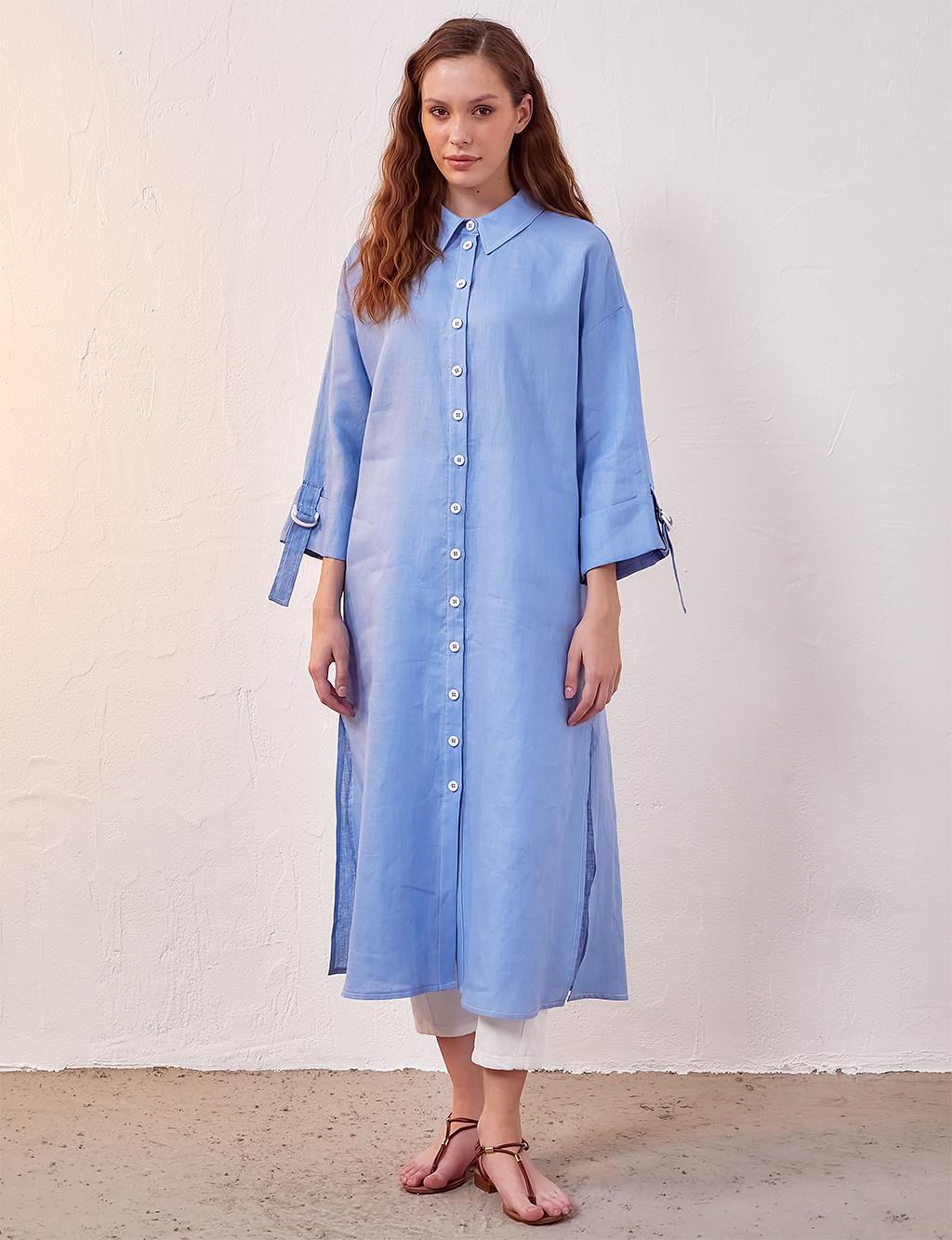 Palm Embroidered Linen Tunic|Dress Sky Blue