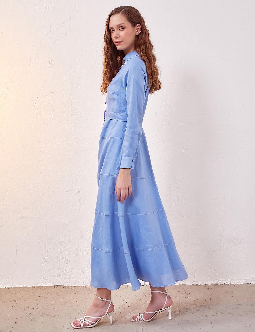 Punto Stitched Linen Maxi Dress Sky Blue