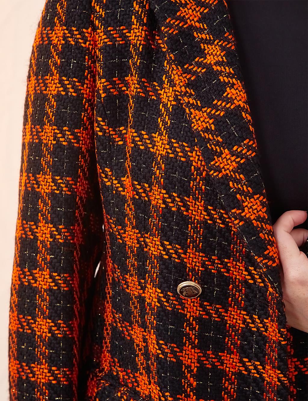 Plaid Tweed Blazer Jacket Black-Orange