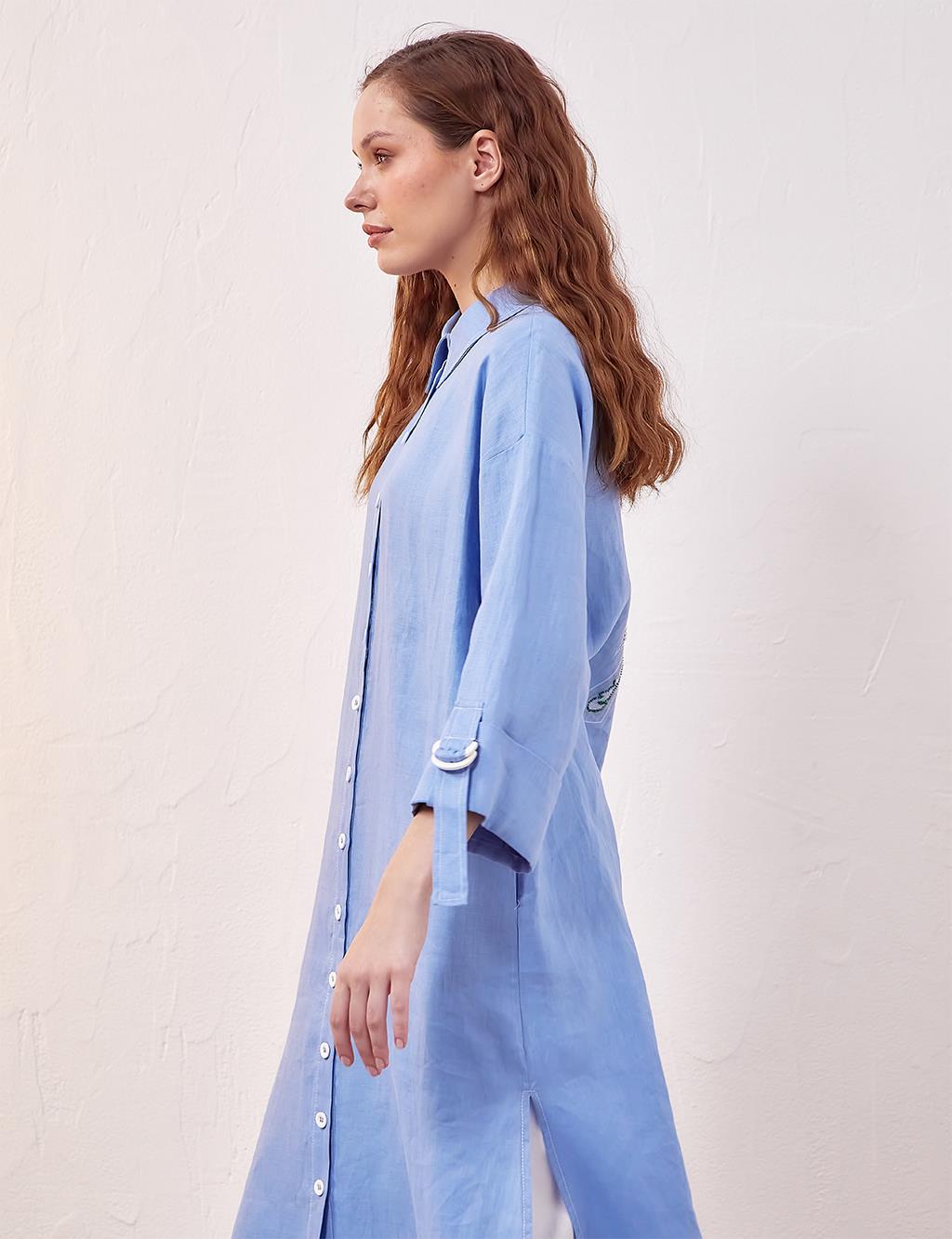 Palm Embroidered Linen Tunic|Dress Sky Blue