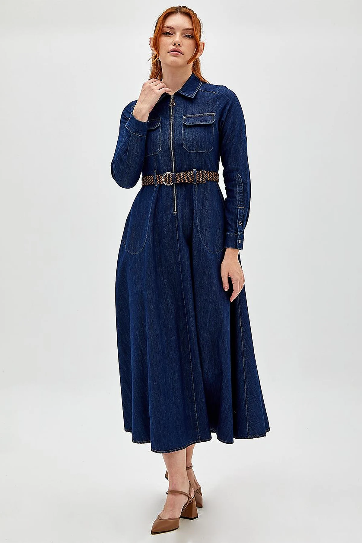 Çift Cepli Denim Elbise Lacivert