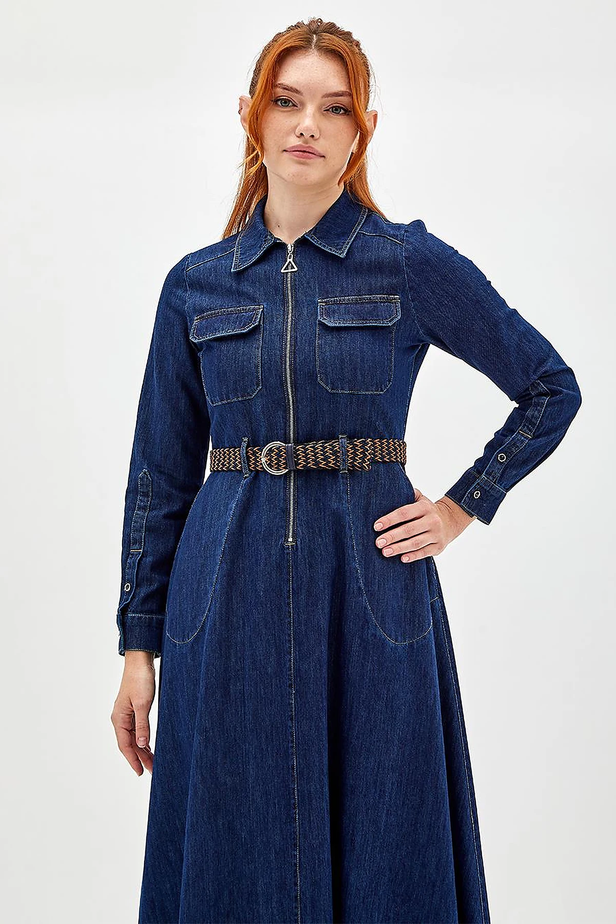 Çift Cepli Denim Elbise Lacivert