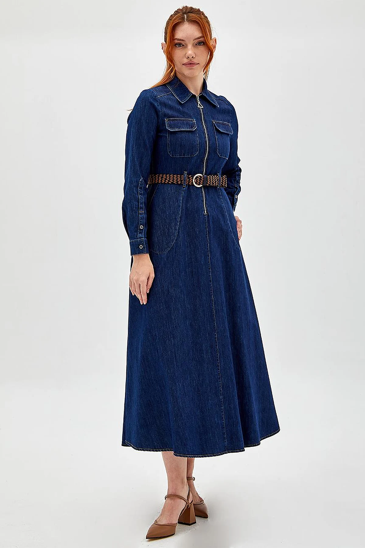 Çift Cepli Denim Elbise Lacivert