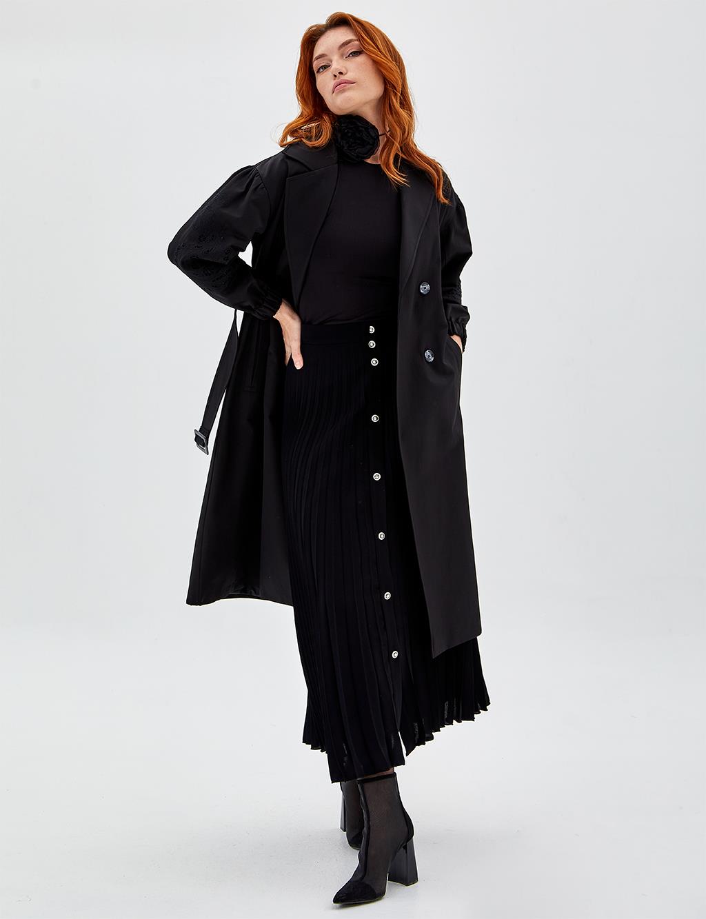 Embroidered Laser Cut Trench Coat Black