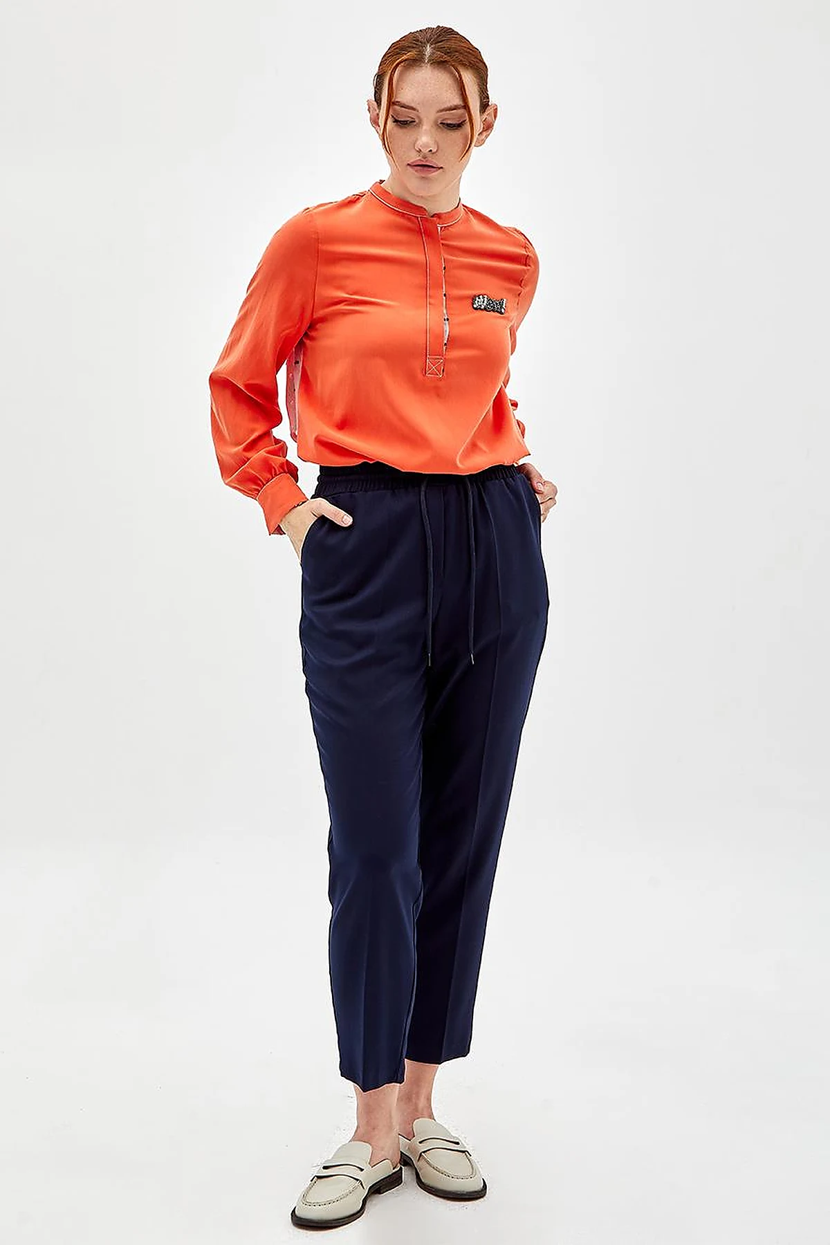 Elastic Waist Carrot Pants Navy