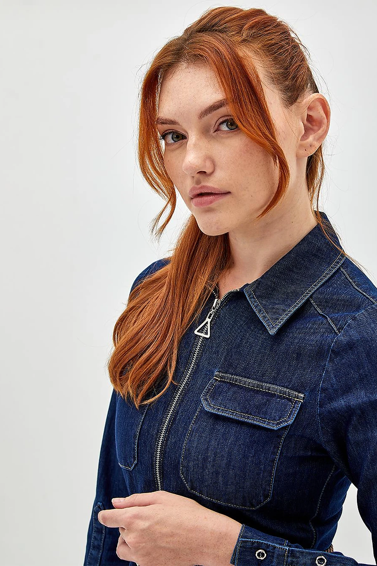 Çift Cepli Denim Elbise Lacivert