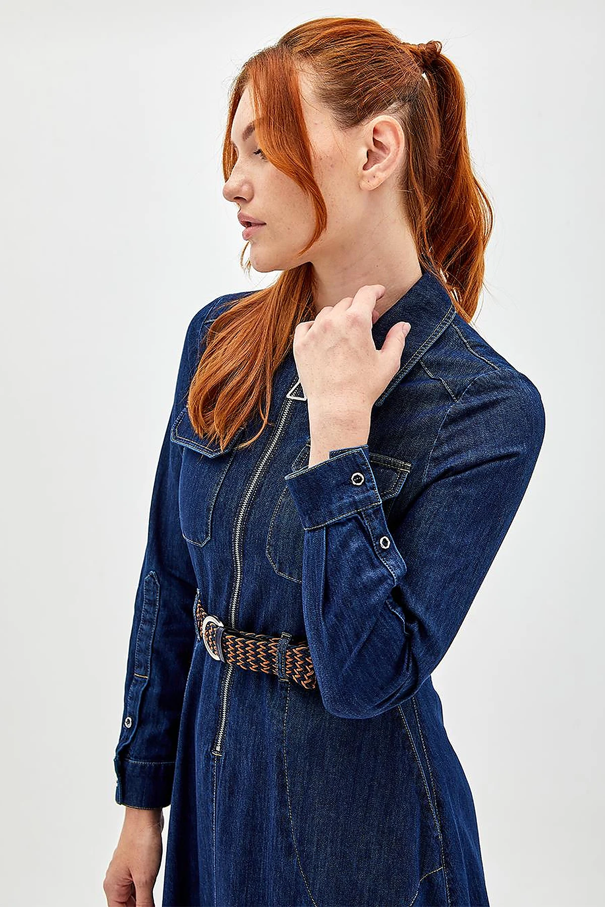 Çift Cepli Denim Elbise Lacivert