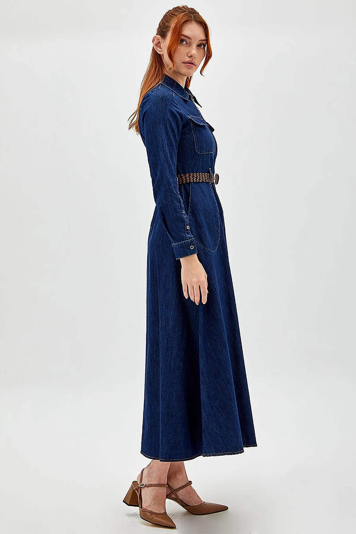 Çift Cepli Denim Elbise Lacivert