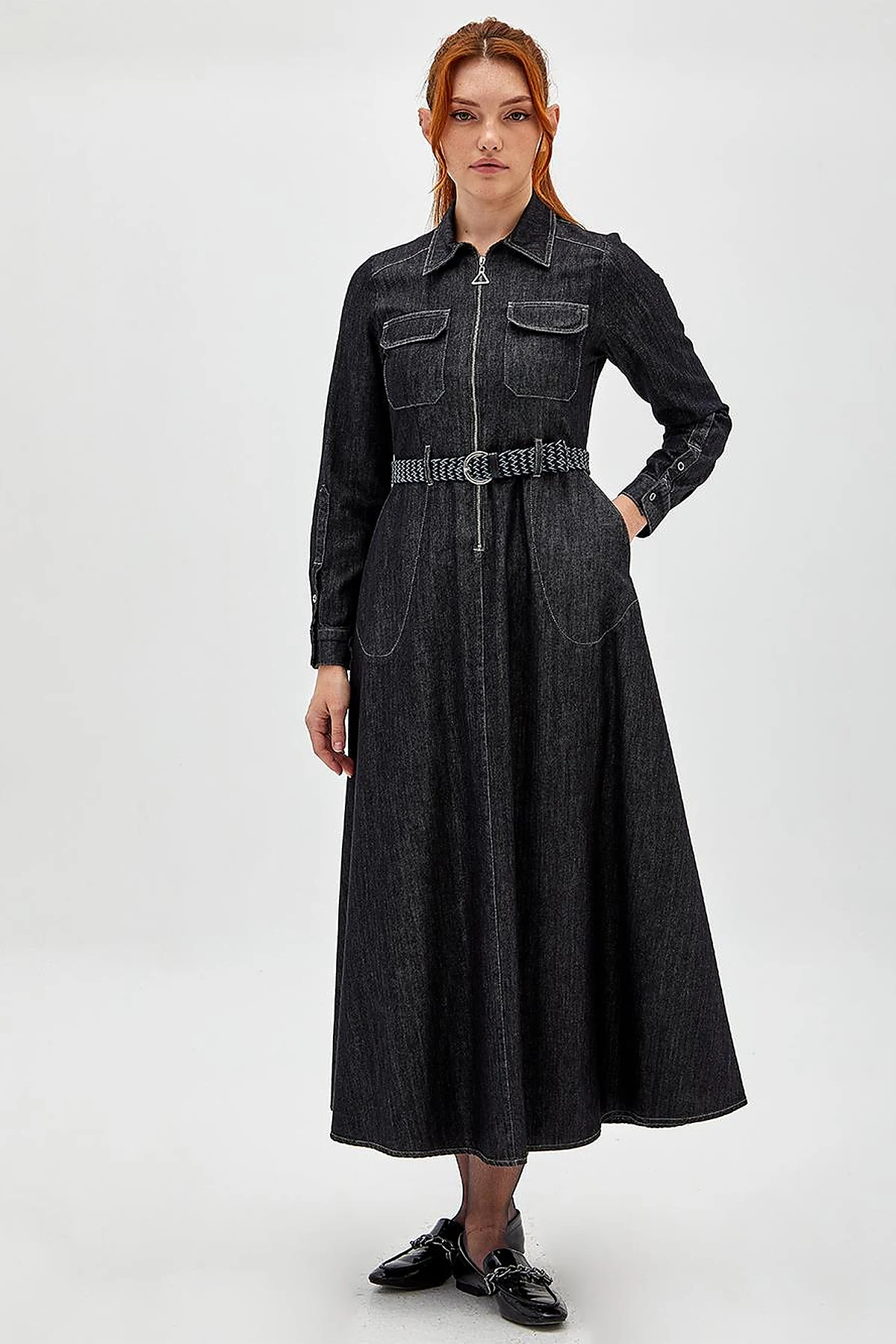 Çift Cepli Denim Elbise Siyah