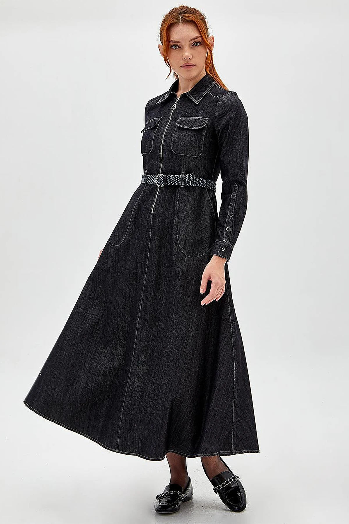 Çift Cepli Denim Elbise Siyah