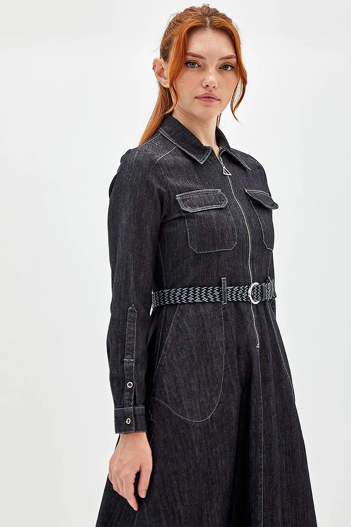 Çift Cepli Denim Elbise Siyah