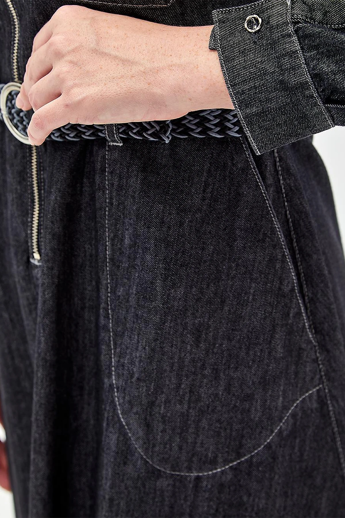 Çift Cepli Denim Elbise Siyah