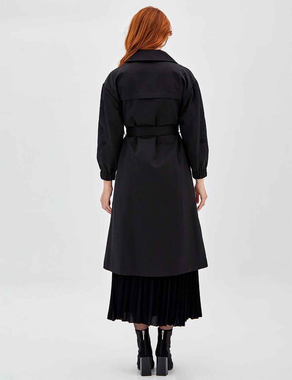Embroidered Laser Cut Trench Coat Black