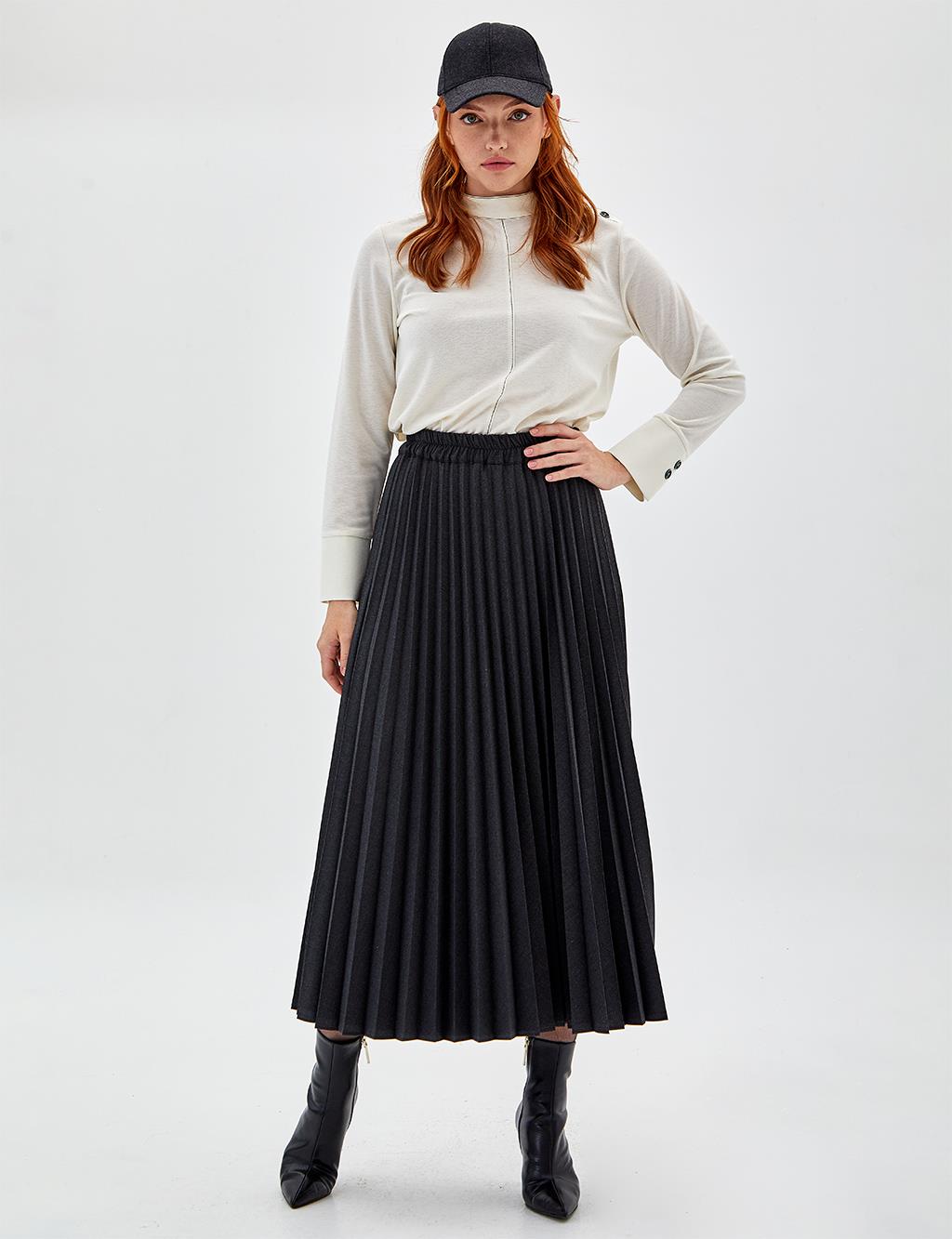 Elastic Waist Pleated Skirt Dark Grey