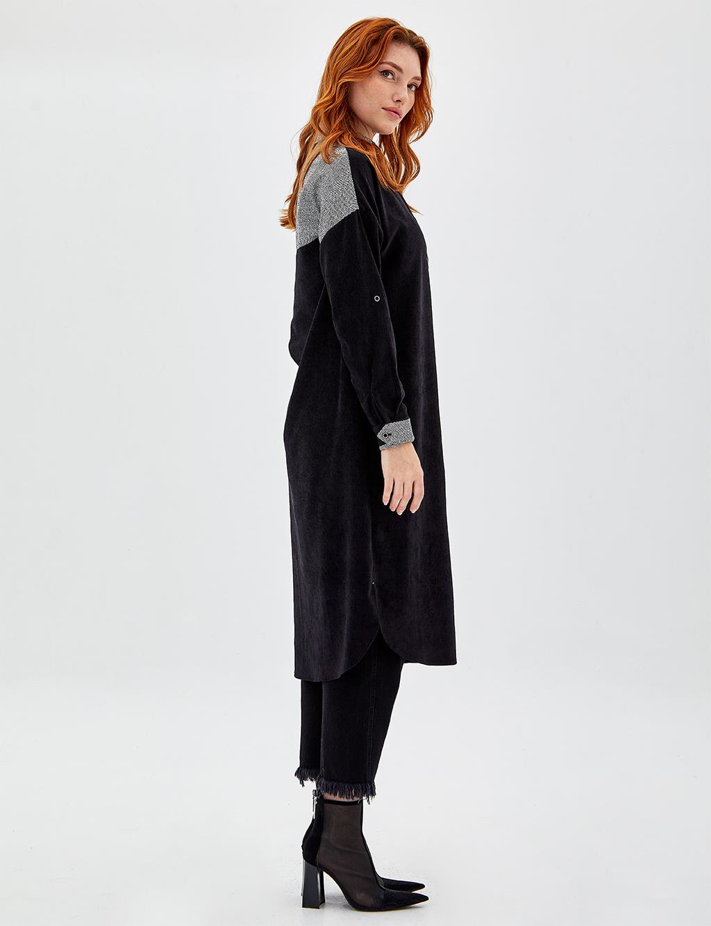 Single Pocket Long Velvet Tunic Black