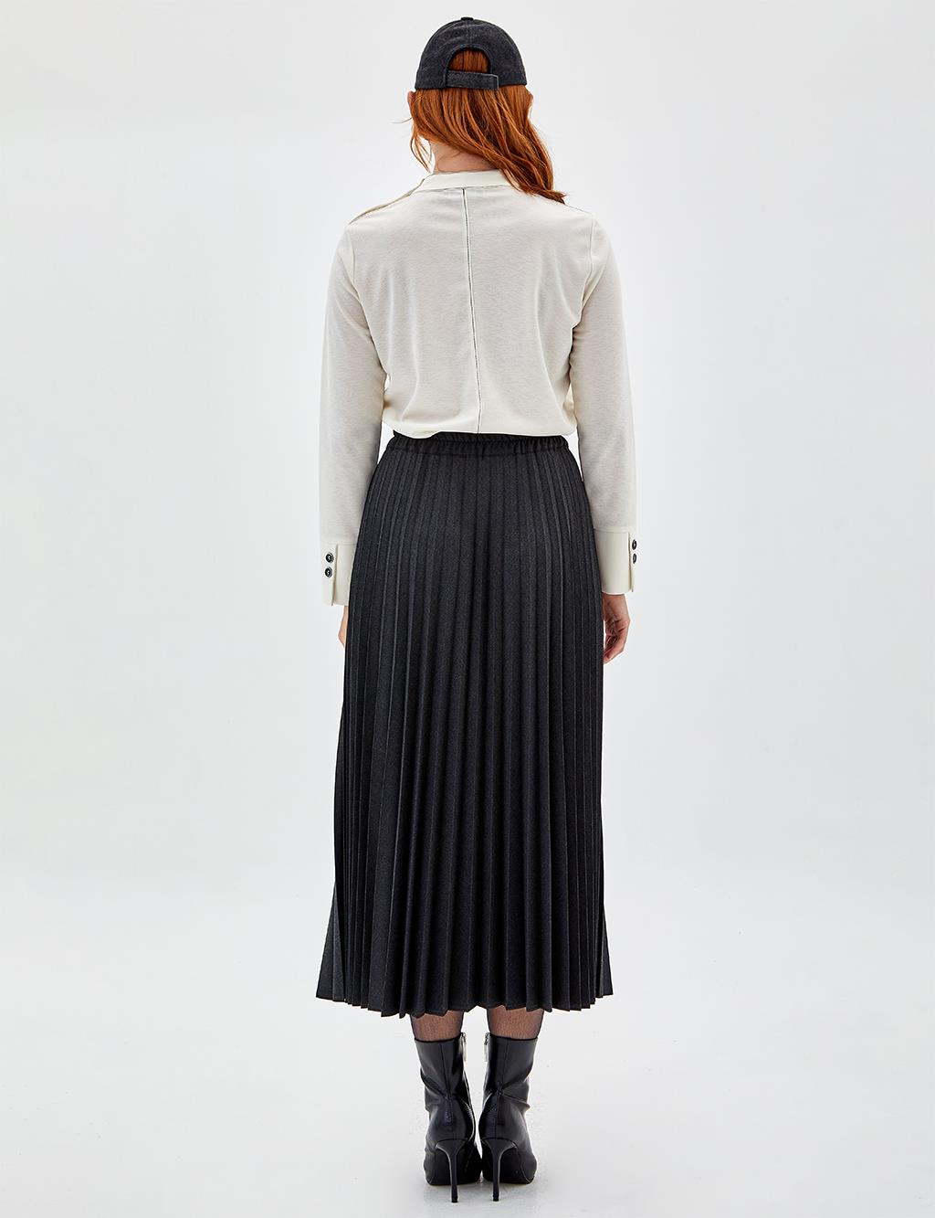 Elastic Waist Pleated Skirt Dark Grey