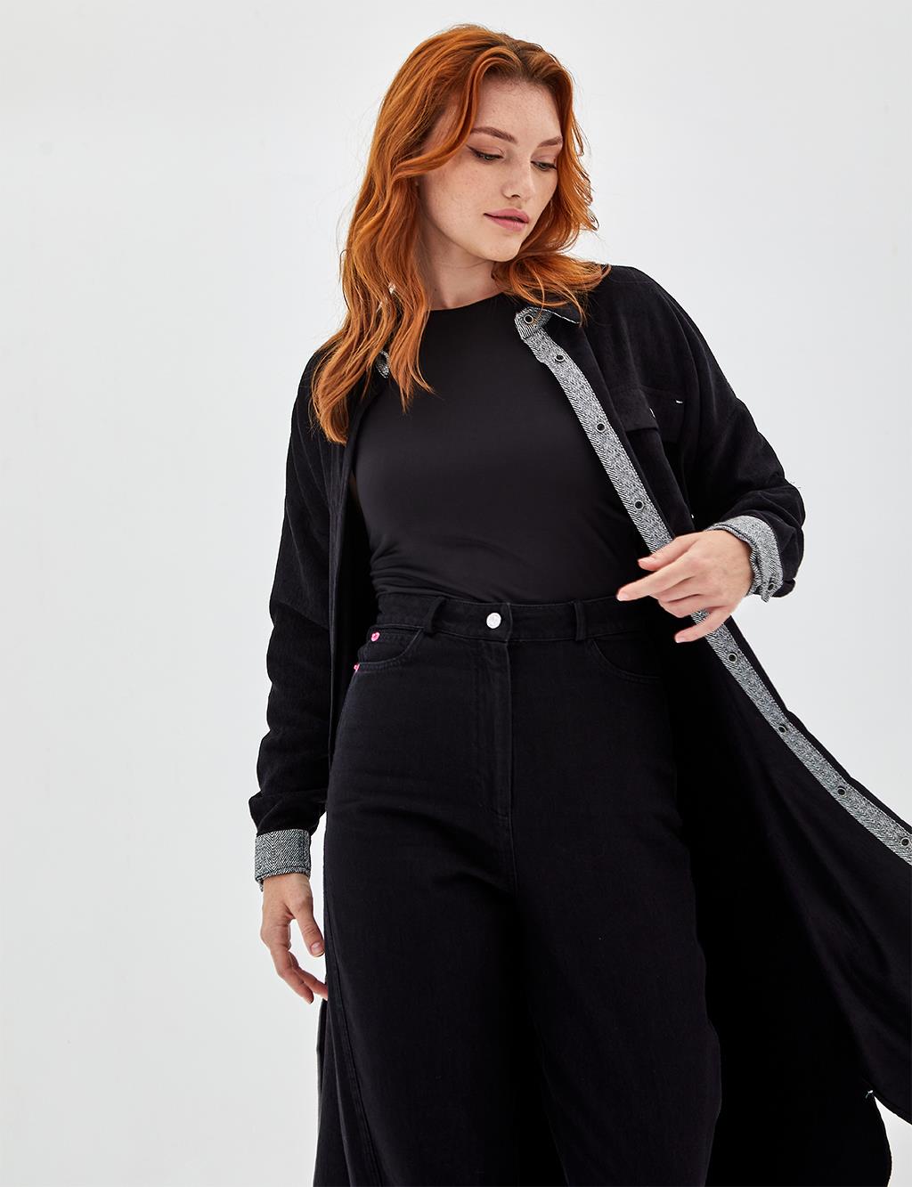 Single Pocket Long Velvet Tunic Black