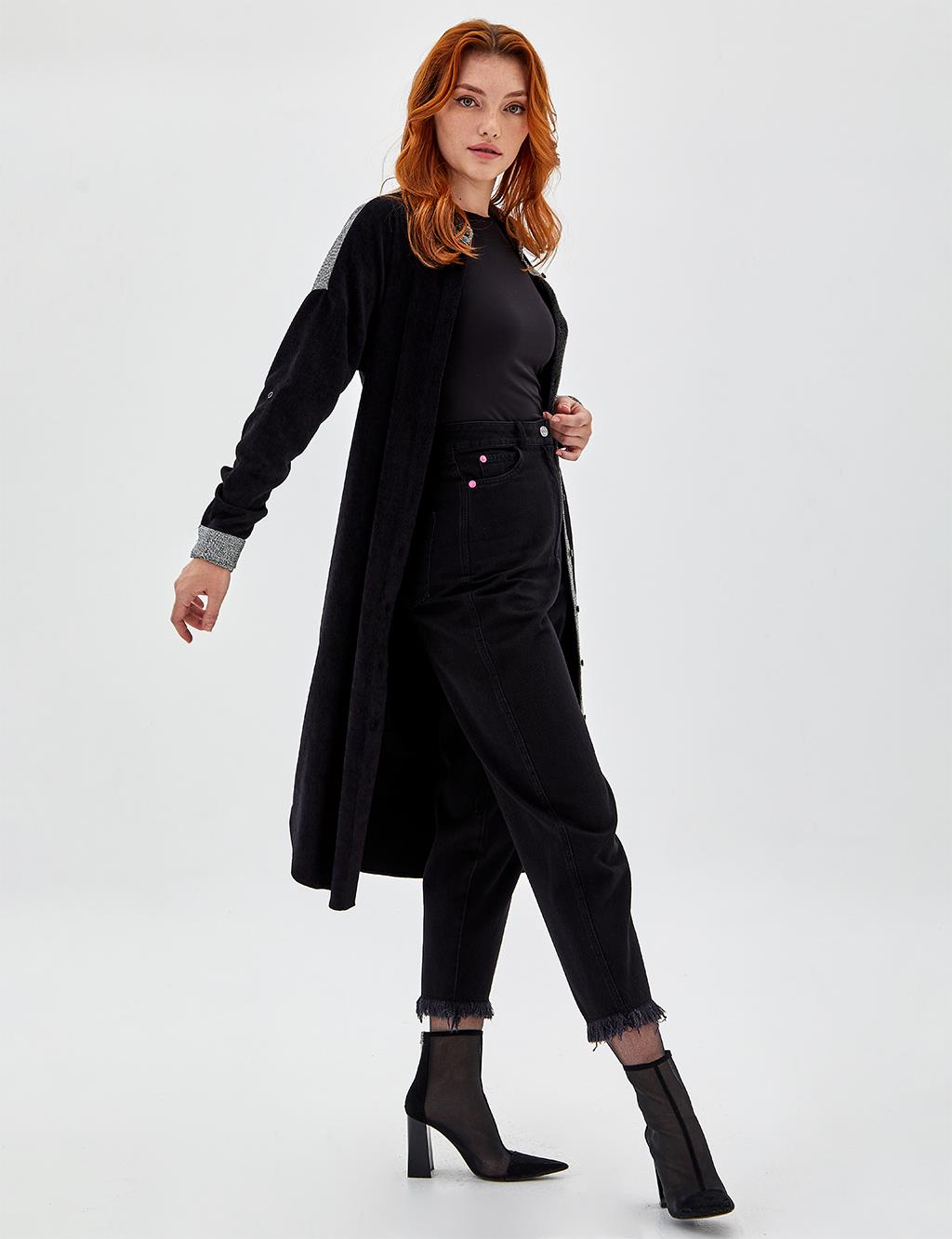 Single Pocket Long Velvet Tunic Black