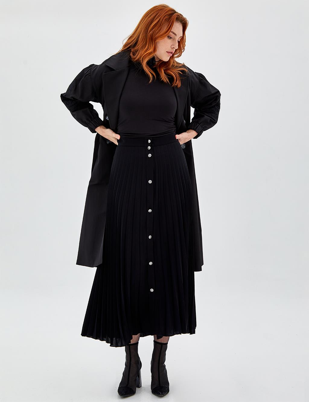 Button Closure Pleat Skirt Black