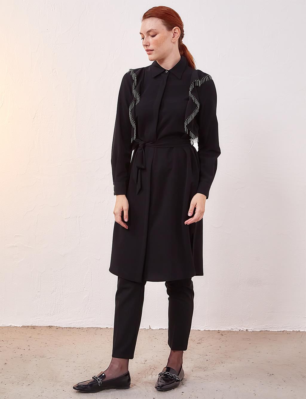 Volanlı Püsküllü Tunik Siyah