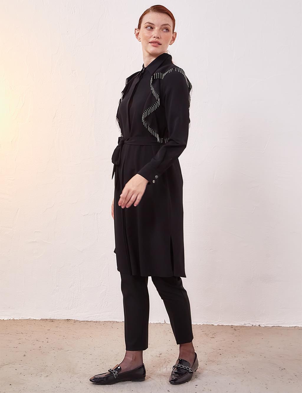 Volanlı Püsküllü Tunik Siyah
