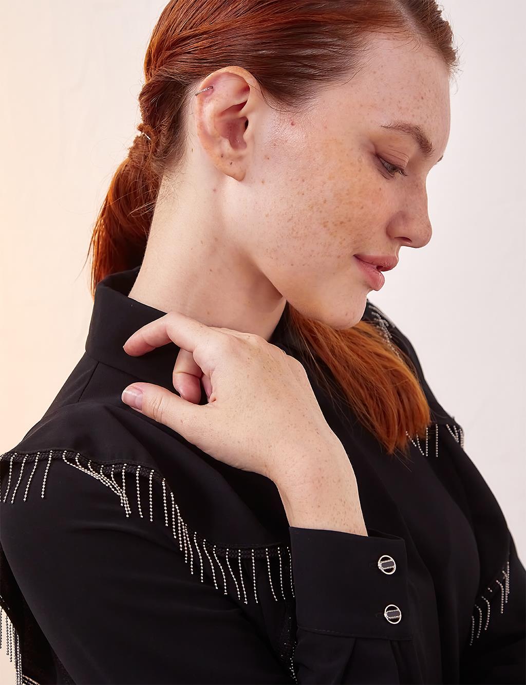 Volanlı Püsküllü Tunik Siyah