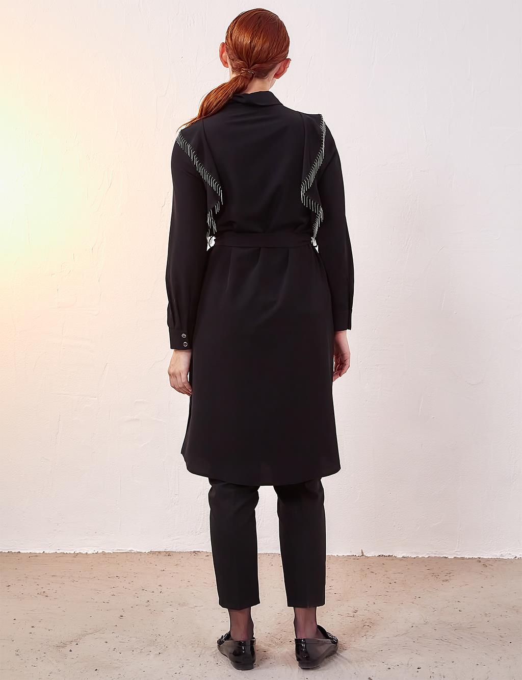 Volanlı Püsküllü Tunik Siyah