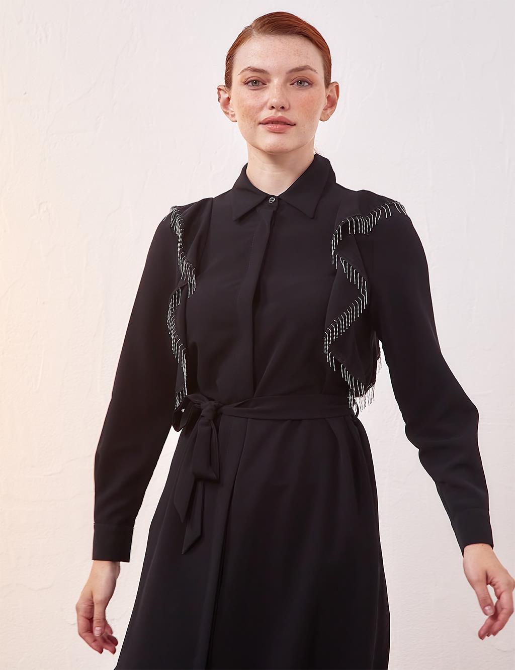 Volanlı Püsküllü Tunik Siyah