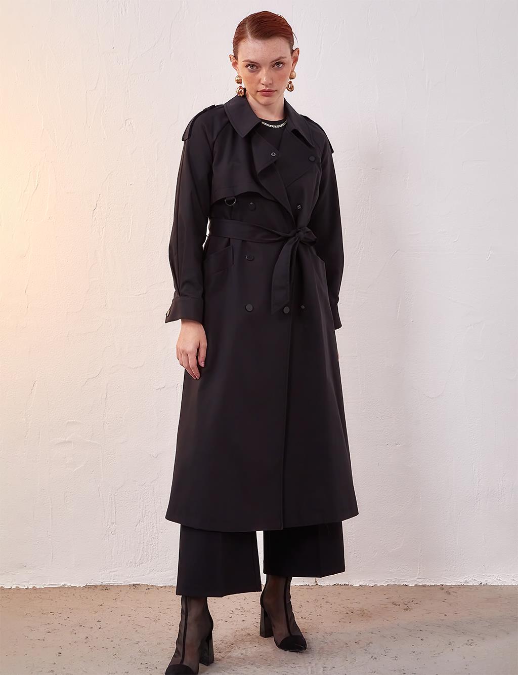 Belted Snap Fasten Trench Coat Black