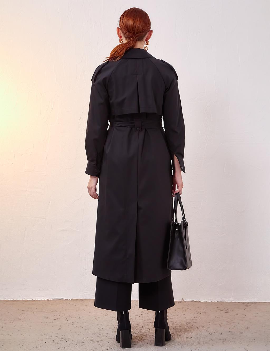 Belted Snap Fasten Trench Coat Black