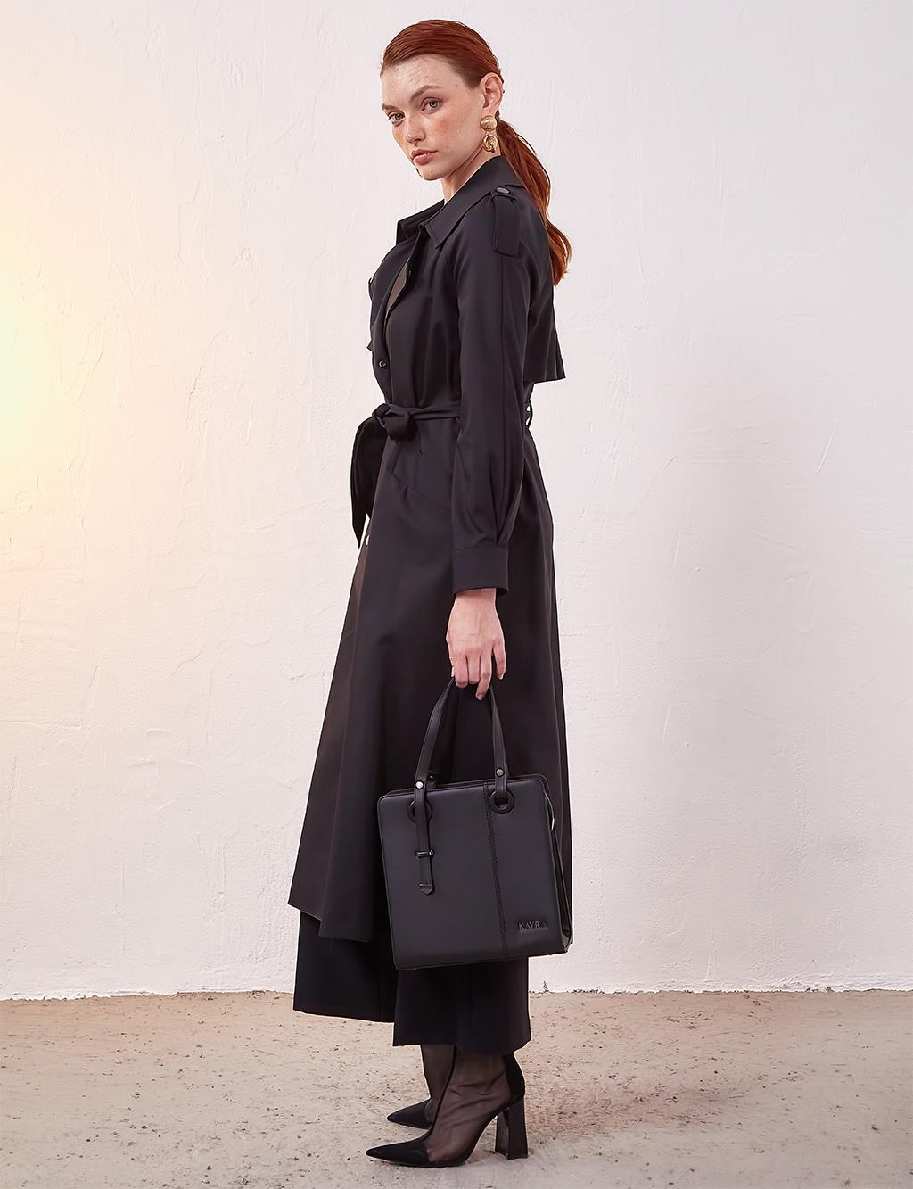 Belted Snap Fasten Trench Coat Black