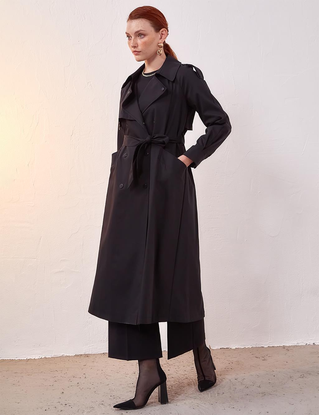 Belted Snap Fasten Trench Coat Black