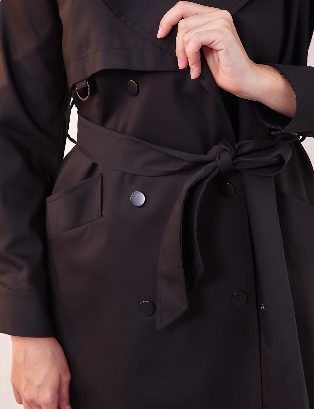 Belted Snap Fasten Trench Coat Black