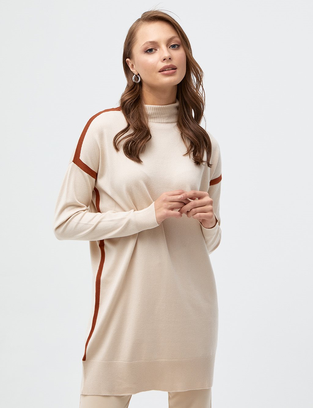 Striped Turtleneck Knitwear Tunic Beige