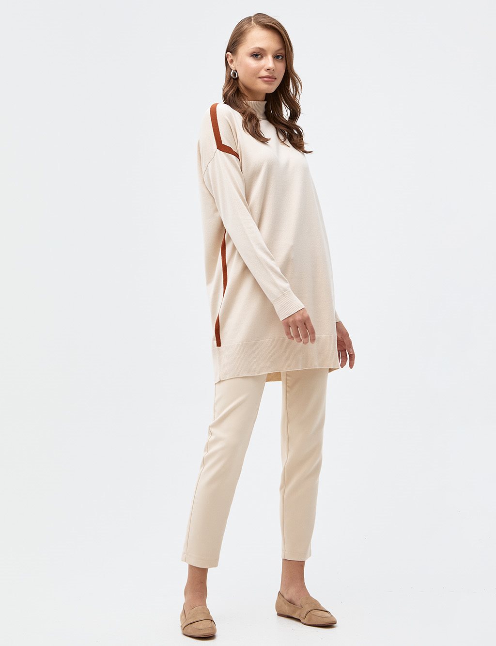 Striped Turtleneck Knitwear Tunic Beige