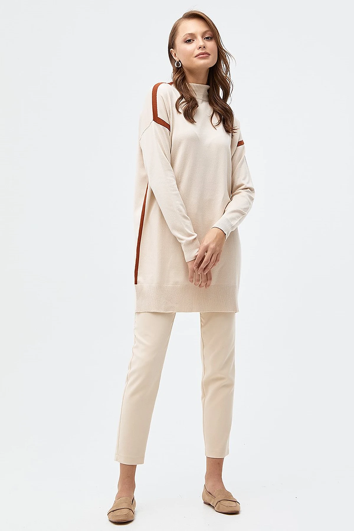 Striped Turtleneck Knitwear Tunic Beige