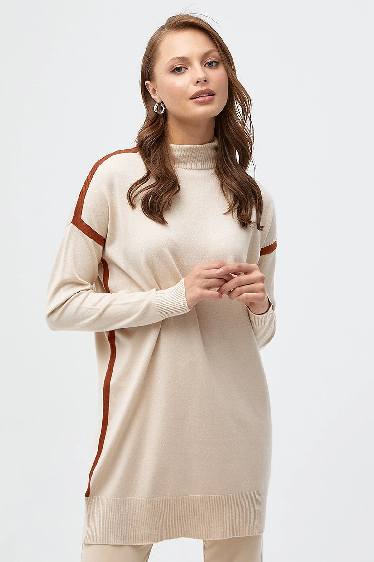 Striped Turtleneck Knitwear Tunic Beige