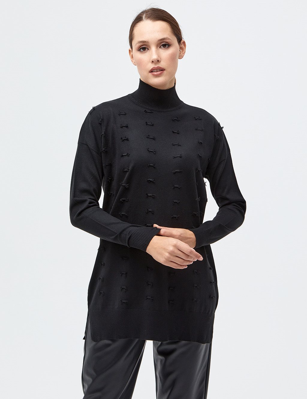 Decorative Tasseled Knitwear Tunic Black