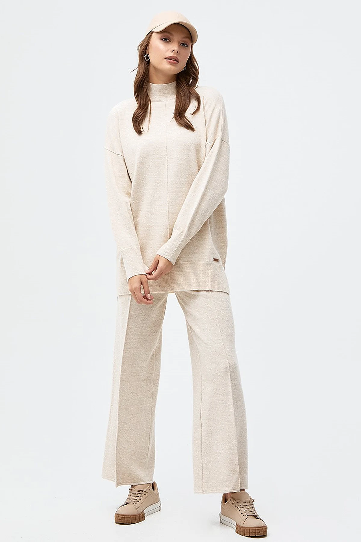 Drop-Shoulder Half Turtleneck Knit Tunic Stone