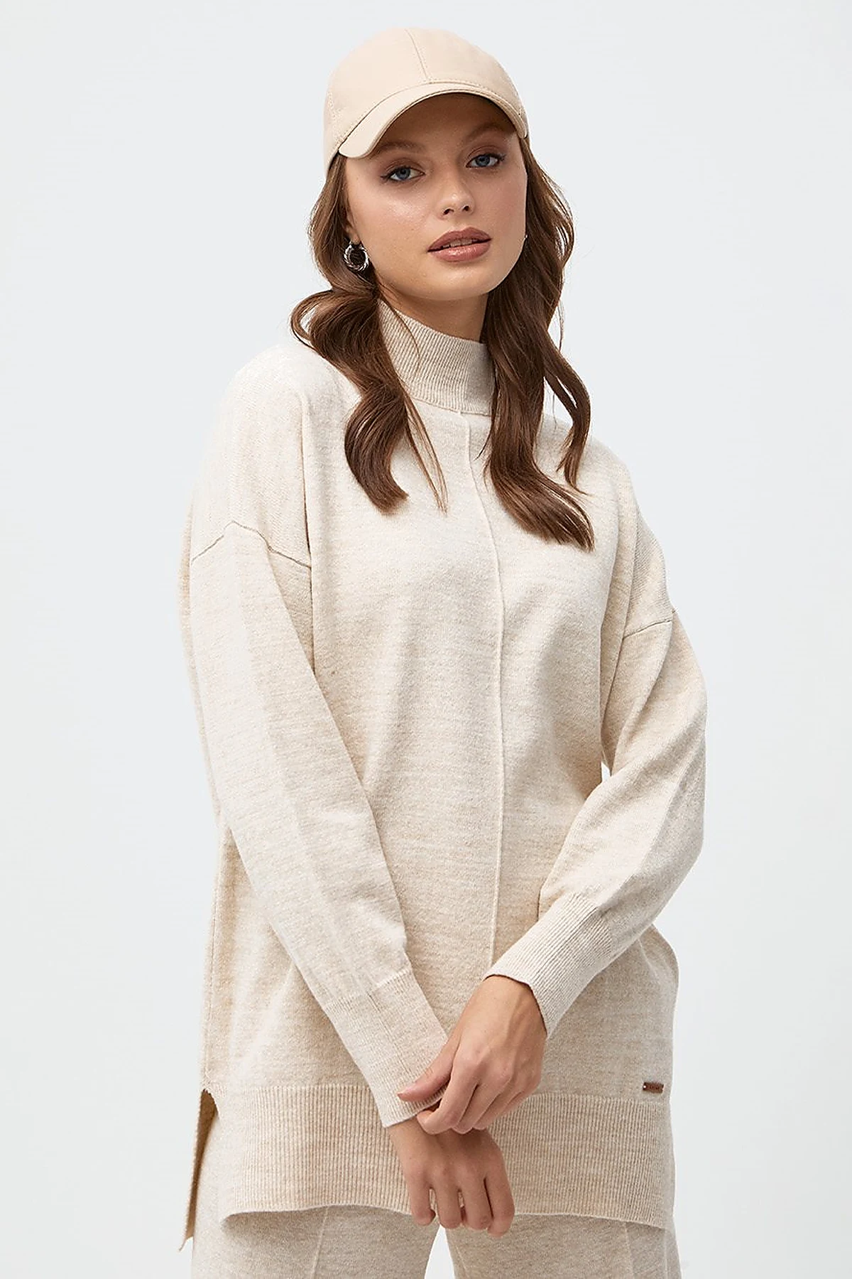 Drop-Shoulder Half Turtleneck Knit Tunic Stone