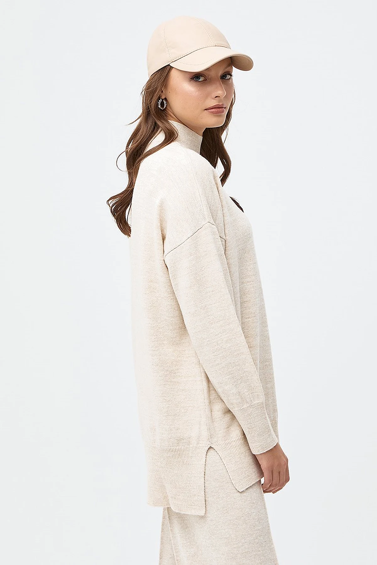 Drop-Shoulder Half Turtleneck Knit Tunic Stone