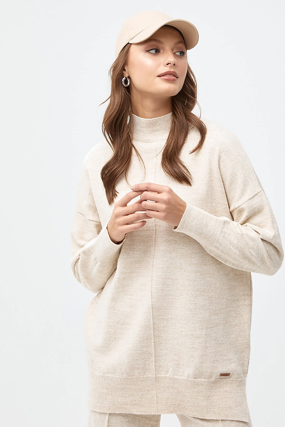 Drop-Shoulder Half Turtleneck Knit Tunic Stone