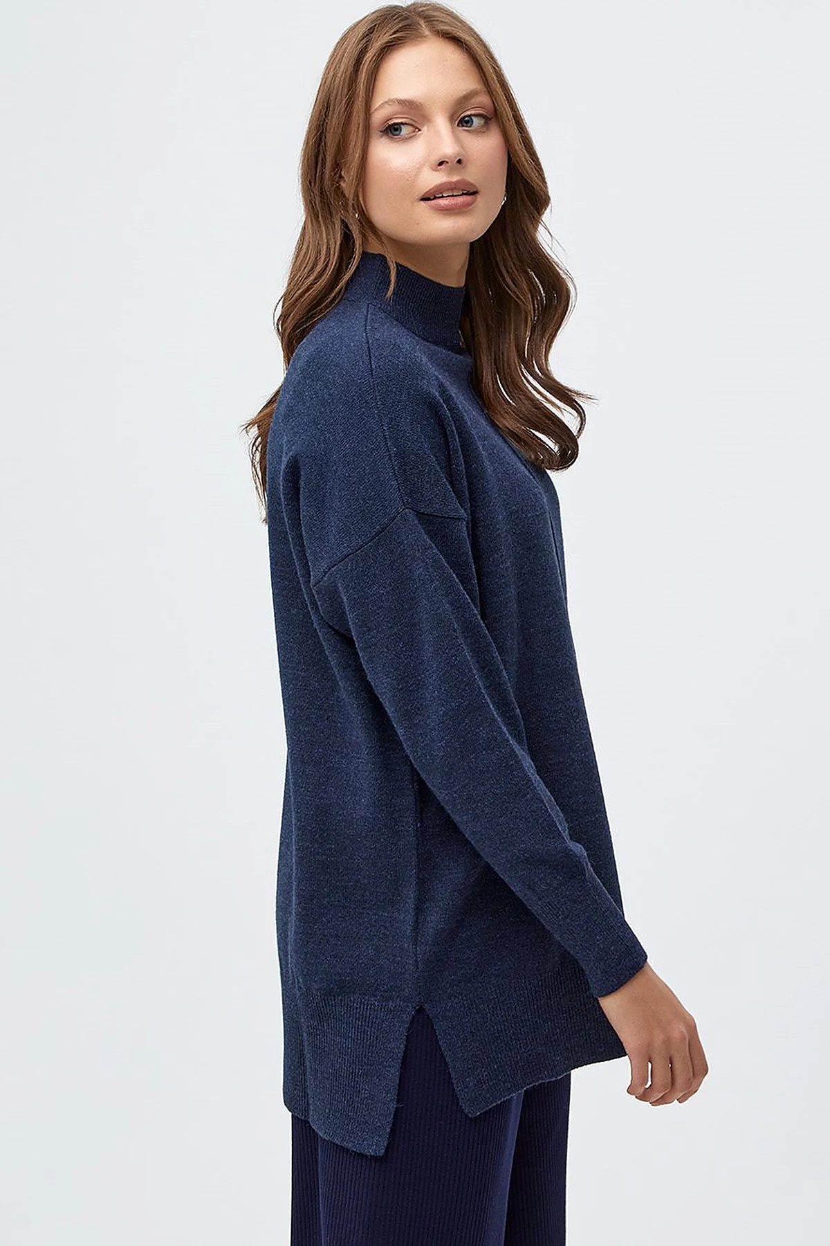 Drop-Shoulder Half Turtleneck Knit Tunic Navy Blue