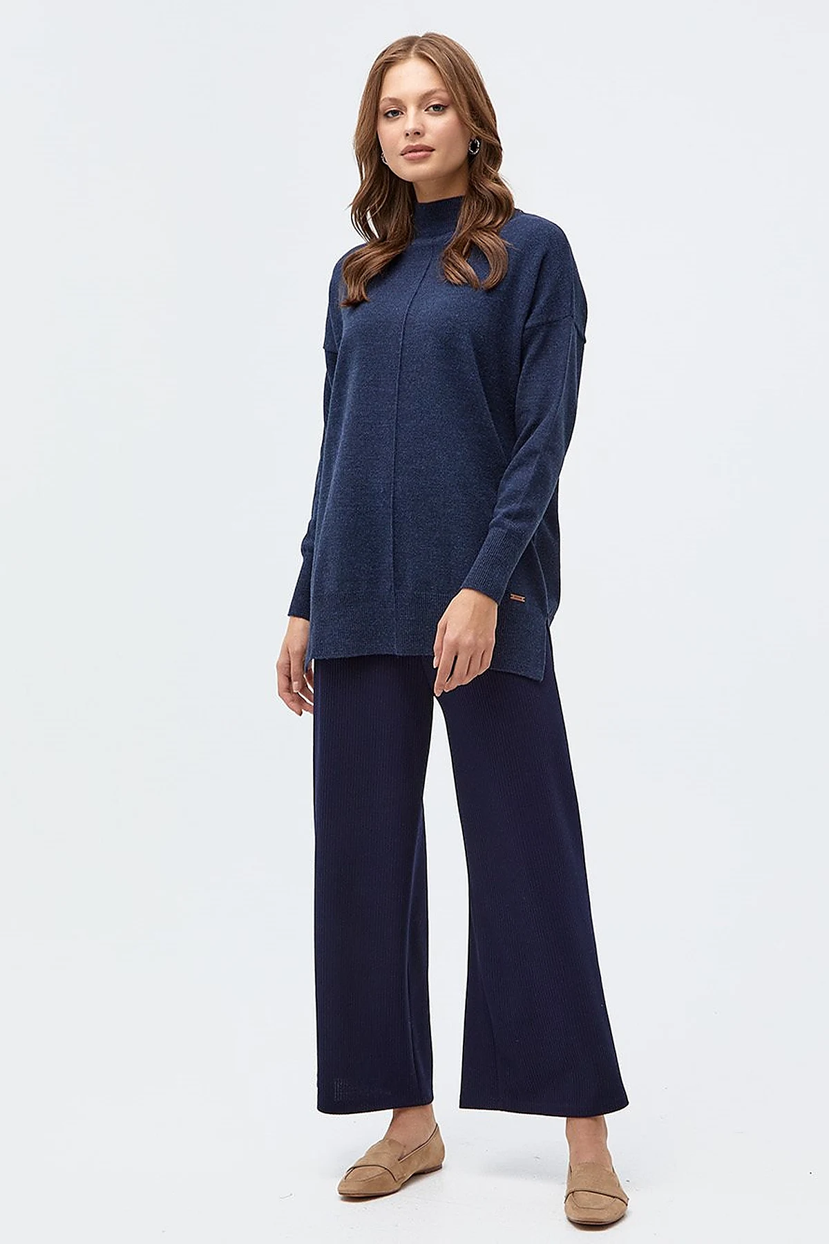 Drop-Shoulder Half Turtleneck Knit Tunic Navy Blue