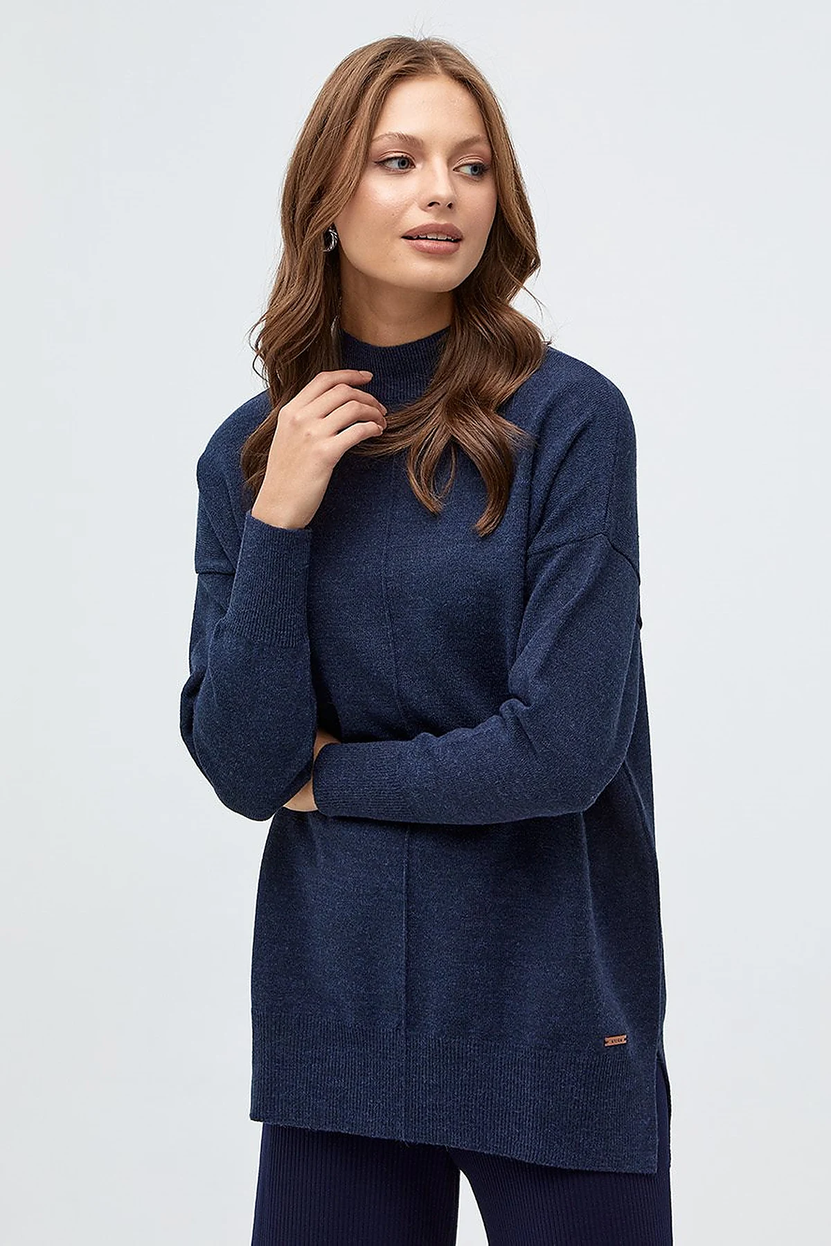 Drop-Shoulder Half Turtleneck Knit Tunic Navy Blue
