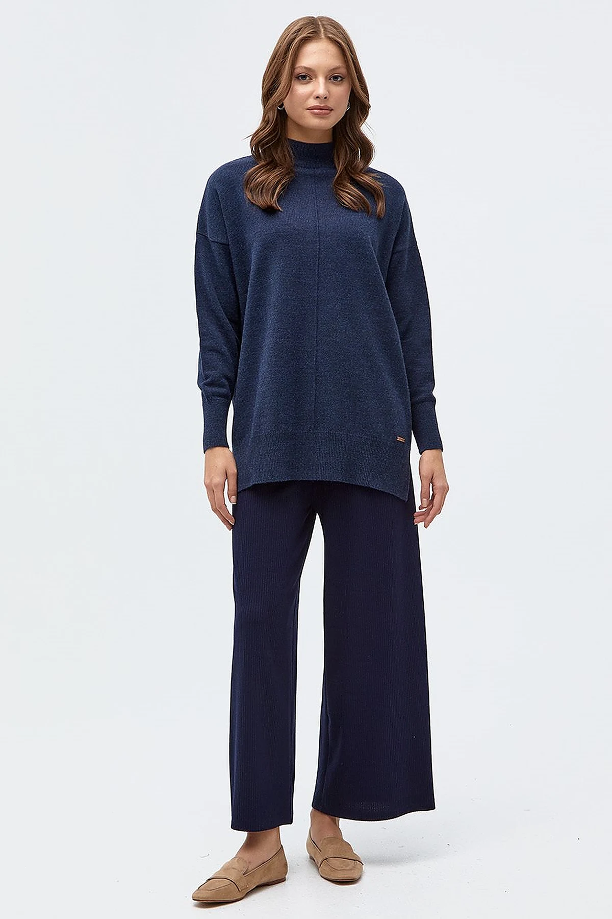 Drop-Shoulder Half Turtleneck Knit Tunic Navy Blue